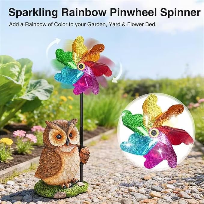 Owl Wind Spinners Garden Decor, Outdoor Resin Yard Statue & Colorful Reflective Spinners for Flower Bed, Lawn, Backyard Outdoor Decor Gifts for Women, Garden Lover