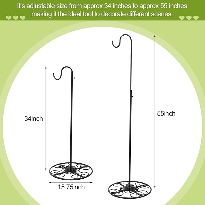 Blulu 34-55 Inch Adjustable Shepherds Hook for Plant Birds Heavy Duty with Wrought Iron Base Indoor Outdoor Wind Chime Stand Feeder Stand Hanging Plant for Garden Plants Weddings Home Decor(1 Pcs)