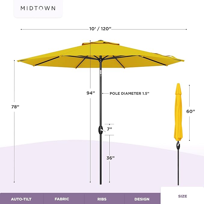 Midtown Umbrellas - 10-Year-No-Fade 10 Ft Patio Umbrella with Terylast Fabric, Auto-Tilt Aluminum Frame and 8 Reinforced Ribs for Deck, Pool, Garden & Beach - Sunflower Yellow Canopy, Black Pole