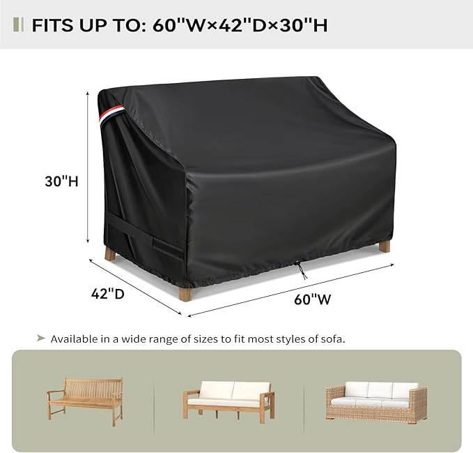 KylinLucky Extra Deep Patio Sofa Cover 60"x42"x30", Heavy Duty Waterproof All-Weather Outdoor Couch Cover with Ventilation & Security System, Black