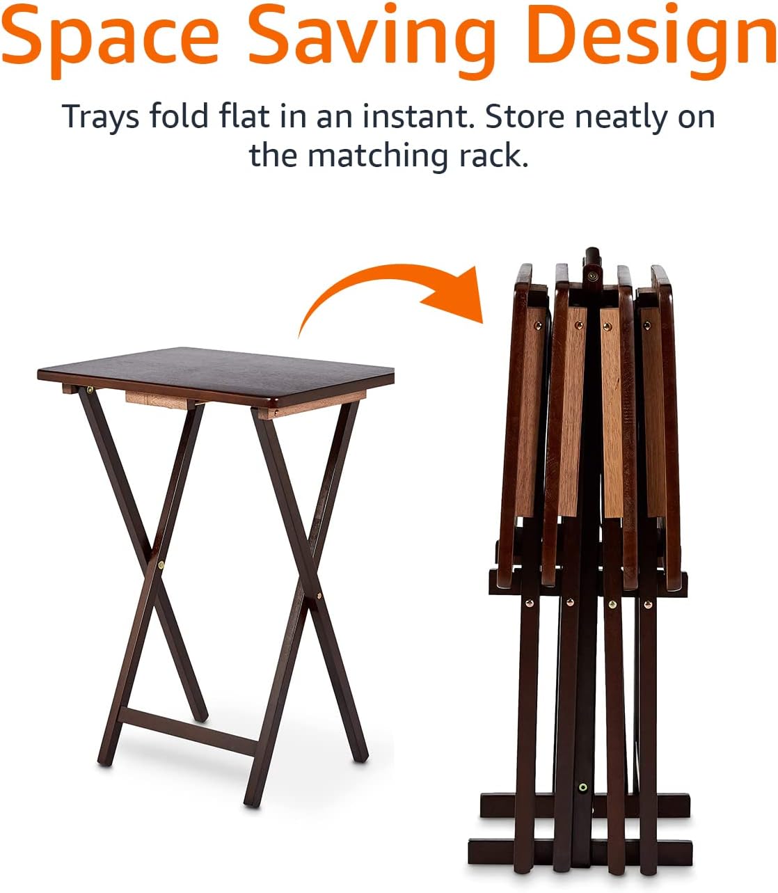 Amazon Basics Classic Foldable TV Dinner Tray Table with Storage Rack, 14.6 L x 19 W x 26 H inch, Espresso, 4-Pack