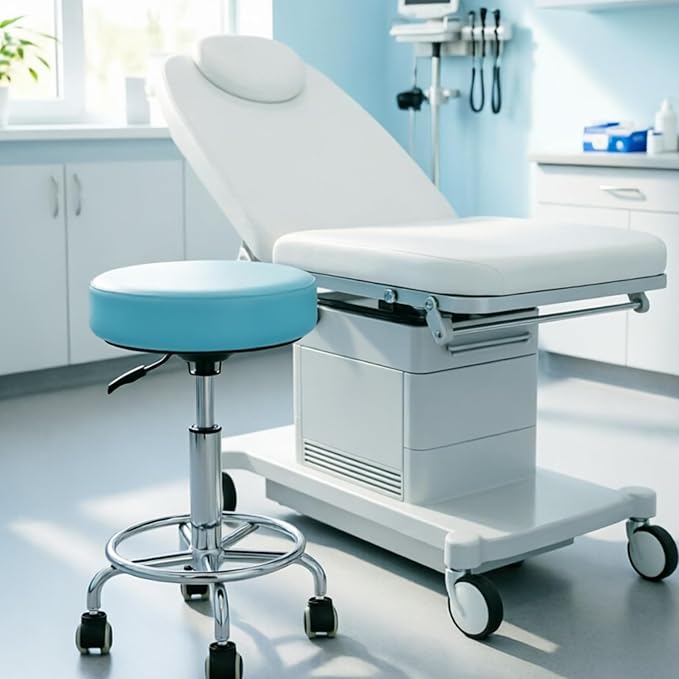 Adjustable Rolling Stool with Wheels Heavy Duty Round RollingStool with Footrest, Patent Leather Drafting Stool Chair with Wheels Work Spa Salon Seat,Blue