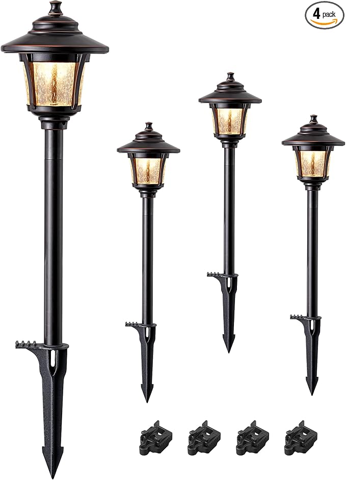 EDISHINE Low Voltage Landscape Lighting, 12V 3W 120LM 3000K Seed Glass Outdoor Landscape Path Lights with Connectors, ORB Waterproof Electric LED Pathway Light Wired for Walkway Garden Yard, 4 Pack