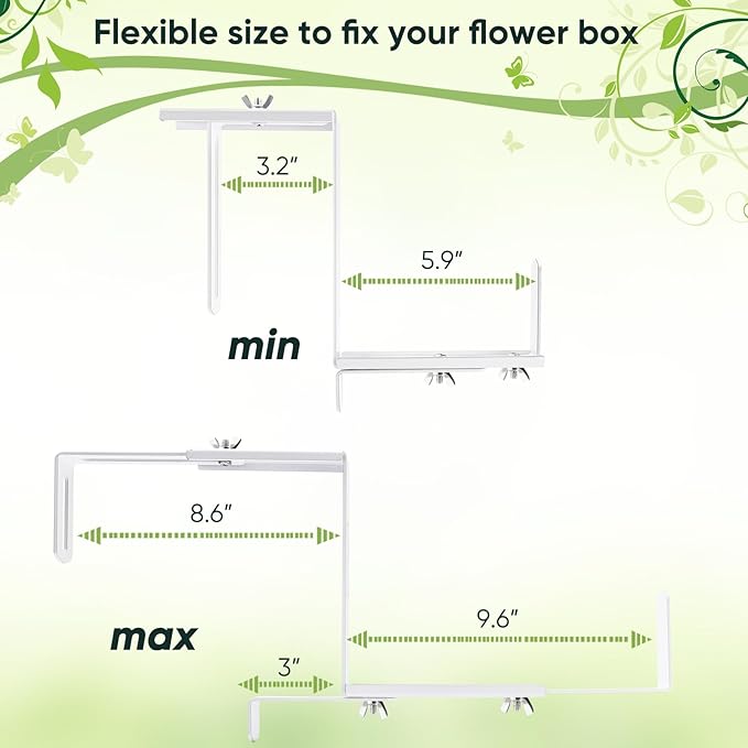 VIVIKEN Planter Box Brackets, Adjustable Flower Box Brackets for Deck Railing, 2 Pack No Drill Window Box Bracket for Outdoor Planters-White