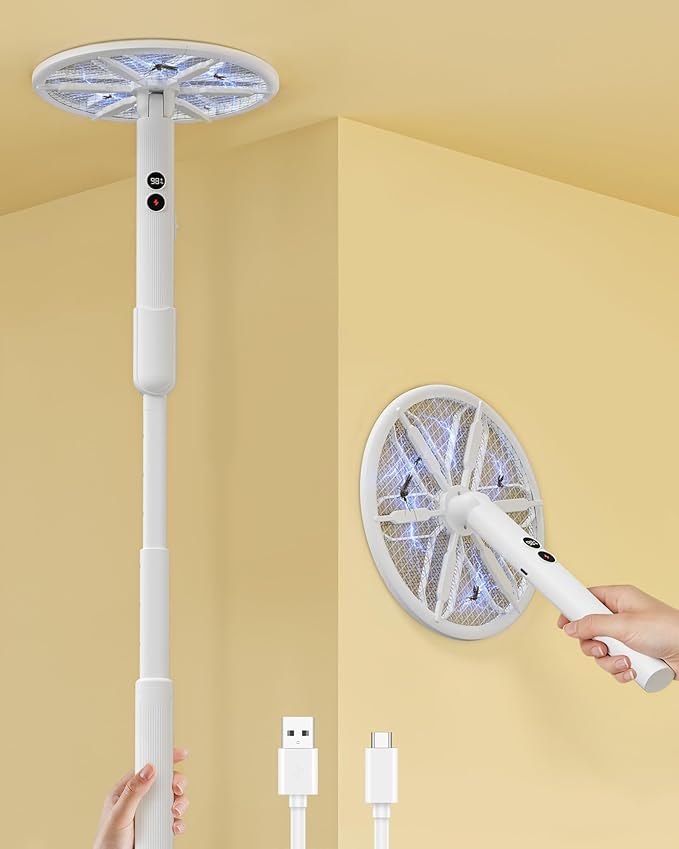 Rotating Head Electric Fly Swatter for Indoors with 16–40" Telescopic Handle, 4000V 2-in-1 UV USB Rechargeable Bug Zapper Indoor Outdoor, Fly Mosquito Zapper Killer Catcher Trap for Ceilings and Walls