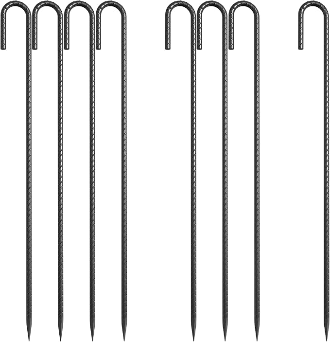 24 Inch J Hook Rebar Stakes 3/8" Thick, 16 Pack Extra Heavy Duty Black E-Coated Steel Ground Anchors for Greenhouse, Carport, Commercial Bounce House, High Wind Areas & Soft Soil