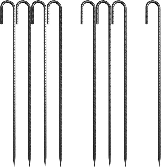 24 Inch J Hook Rebar Stakes 3/8" Thick, 16 Pack Extra Heavy Duty Black E-Coated Steel Ground Anchors for Greenhouse, Carport, Commercial Bounce House, High Wind Areas & Soft Soil