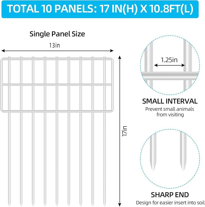 10 Panels Garden Fencing Animal Barrier, 17in (H) X 10.8ft (L) Dog Dig Fence Barrier, 1.25in Gap Rustproof Metal Garden Fence, Ground Defense Border Fencing for Outdoor, Yard, Patio, White