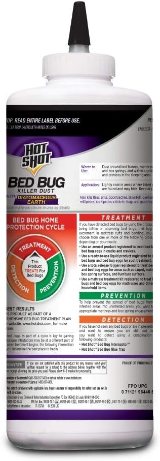 Hot Shot Bed Bug Killer Dust With Diatomaceous Earth For Insects 8 Ounces, Treatment For Bed Bugs