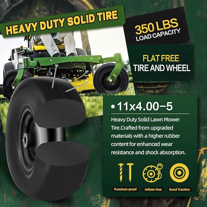 11x4.00-5 Flat Free Tire and Wheel (2 Pack),Universal 11x4-5 Solid Smooth Tractor Turf Tire with Rim, 3.4" Centered Hub and 3/4" & 5/8" Bushing, For Zero Turn Mowers and Riding Lawn Mower