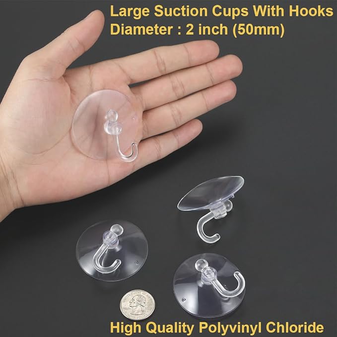 12 Pieces Large Suction Cups with Hooks 2 inch Clear Plastic Sucker Hooks for Glass Window Wall Festivals Parties Theme Carnival Decoration Door Bathroom Kitchen