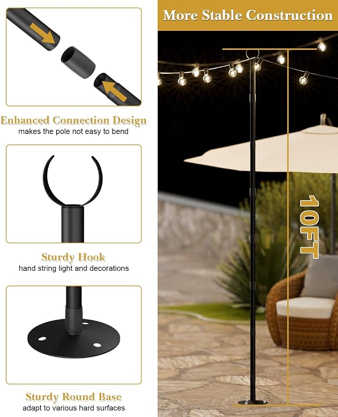 10Ft String Light Poles for Hard Surfaces, Outdoor Light Stand for Backyard, Garden & Patio Party Lighting, Heavy-Duty Metal Poles with Waterproof Finish, Rustproof & Adjustable, 2 Pack