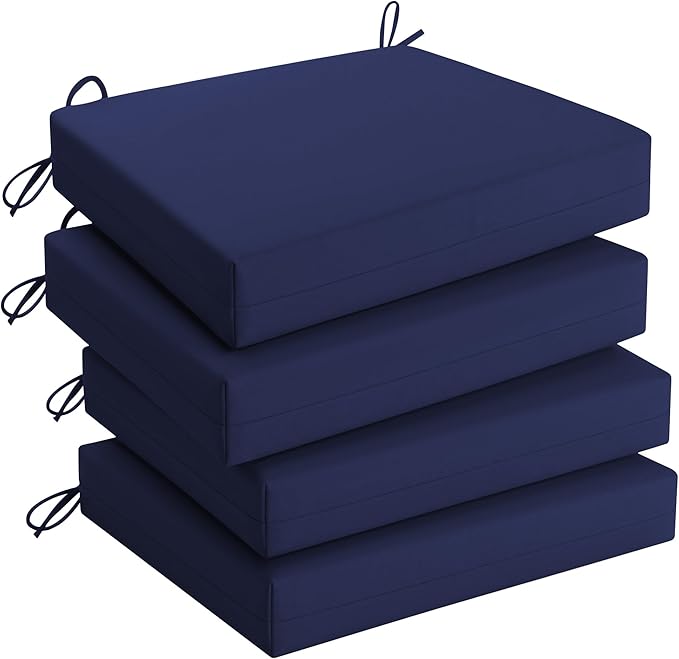 UNIKOME Outdoor Chair Cushions Pack of 4, Water Resistant Patio Cushions with Ties, High Density Sponge Filling Square Corner Seat Cushions for Outdoor Furniture, 24"*24"*4", Navy Blue