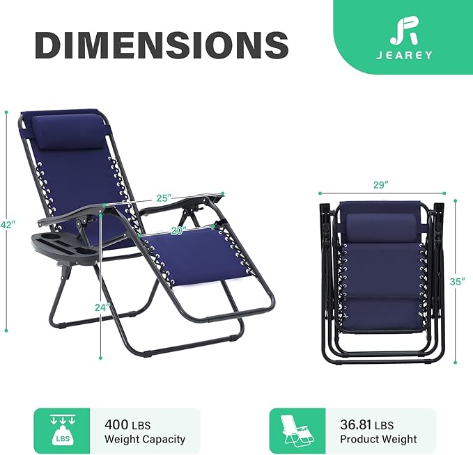 JEAREY Zero Gravity Lounge Chairs Set of 2, Adjustable Steel Mesh Recliners with Pillows and Cup Holder Trays for Patio, Garden, Beach, Navy Blue