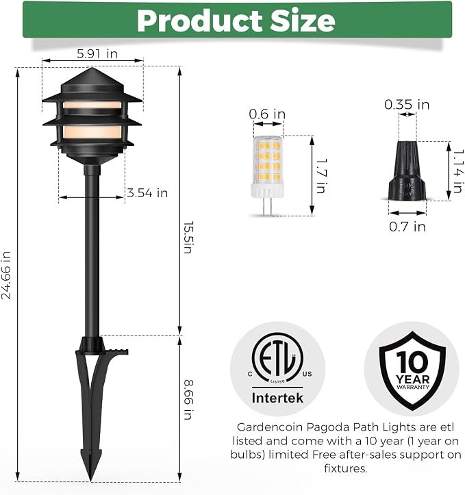 Gardencoin Pagoda Low Voltage Landscape Pathway Lights, 12V Outdoor LED Path Lights Wired, Aluminum Walkway Lighting with 4W 2700K Replaceable G4 Bulb, Classic 3-Tier Lantern, 12 Pack