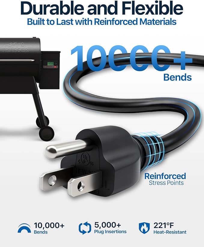 Power Cord Replacement for KIT0089/ELE203/70110/PG24-48/PGPC(NEX), Fit Pit Boss, Traeger, Nexgrill, Rec Tec, Camp Chef, Z-Grill, Coleman, Lonestar Chef, Cabelas, Big Horn, 6ft, 1 Pack