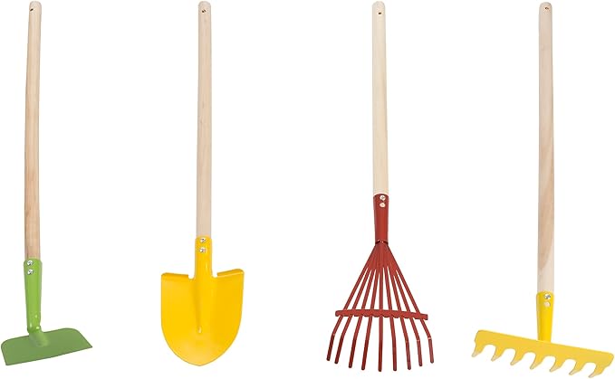 HEY! PLAY! Kids Gardening Set – 4-Piece Mini Garden Tools with Wood Handles – Child-Sized Shovel, Rake, Hoe, and Tined Hoe – Outdoor Toys for Children