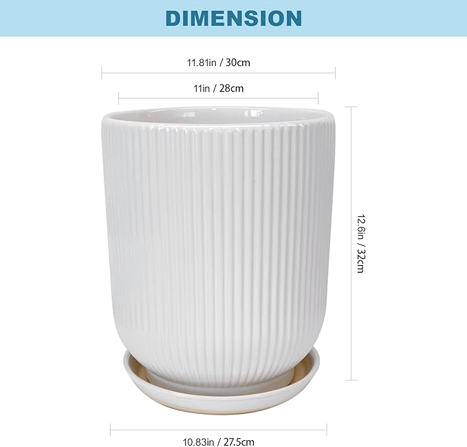 Deep Dream 12 Inch Ceramic Pots for Plants, Heavy Plant Pot for Indoor Outdoor Plants, Large Plant Pot with Drainage Hole and Saucer, Modern Tall Flower Pot, Gifts for Plant Lovers, White