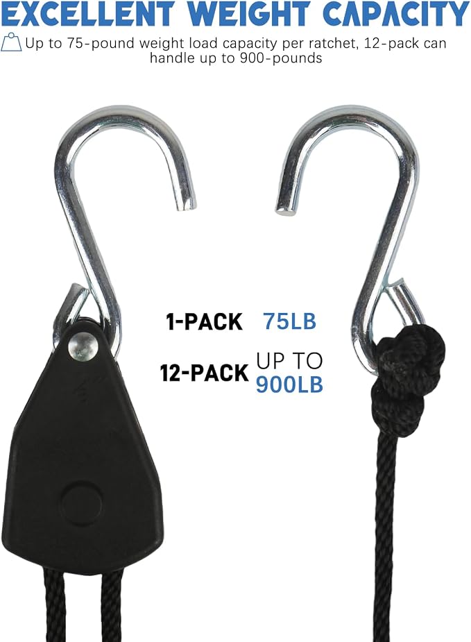 12-Pack 1/8" Adjustable Rope Hanger, Heavy Duty Retractable Ratchet Tie Down Strap with Reinforced Gear, Pulley System for Hanging Plants Grow Light and Tie-Downs for Various Purposes