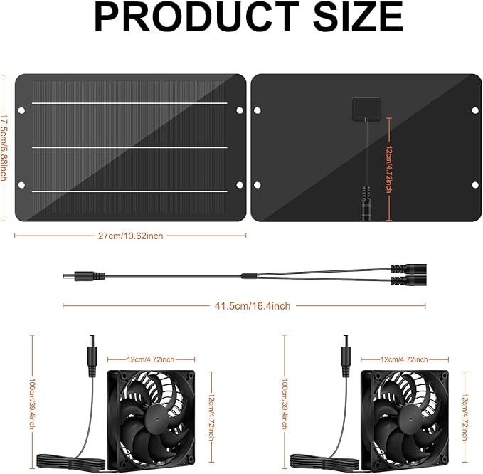 Solar Powered Fan Kit 12.6 Inch IPX7 Weatherproof, 15W Solar Panel with 2 Waterproof Fans, Intake or Exhaust Air Fan for Outside Backyard Chicken Coops, Greenhouses, Doghouse