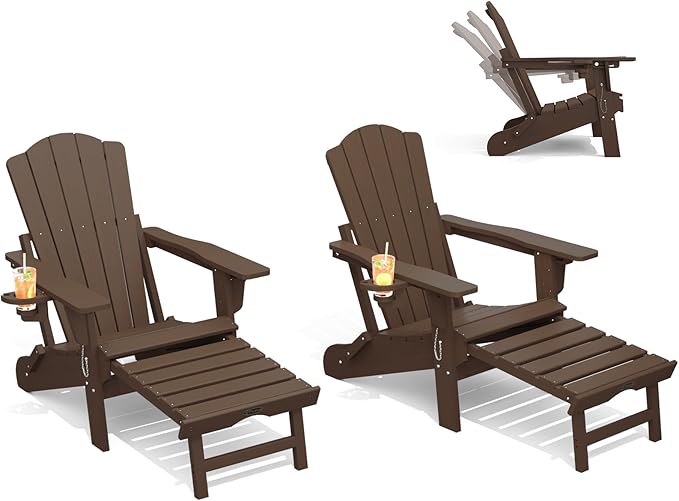 THOEOE Folding Adjustable Adirondack Chairs with Ottoman & 1 Cup Holders Set of 2, HDEP Multifunctional Adirondack Chair with Footrest,Brown