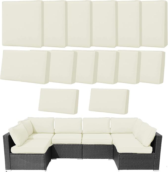 14Pcs Outdoor Cushion Covers Replacement Washable Waterproof UV w/Zipper for 6-Seaters Sofa Patio Slipcovers Set Seat and Back Covers Only (Creamy Beige, 25.6x25.6inch)