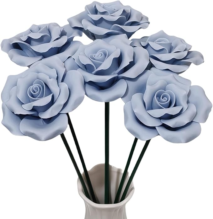 Handmade Porcelain 3D Ceramic Rose Flower, Eternal Flower Decoration for Home Office Decor, Creative Desktop vases, Porcelain Decorations, Exquisite, Set of 6 (Blue)