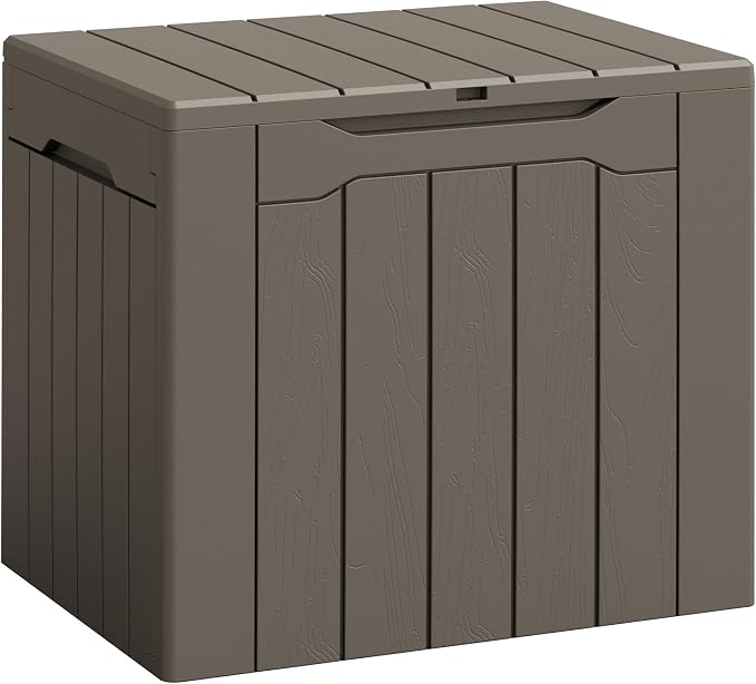 Flamaker Deck Box 30 Gallon, Waterproof Resin Small Storage Box with Lid, Outdoor Patio Furniture Cushion Garden Tool Organizer, Lockable Package Delivery Box for Porch Balcony (Deep Brown)