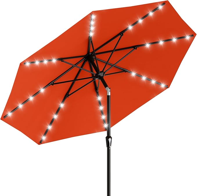 AreShark 9FT Patio Umbrella with Solar Lights, 32 Lighted Pool Umbrella w/Tilt and Crank, Outdoor Market Solar Umbrellas for Garden, Deck, Backyard, Pool and Beach, Orange