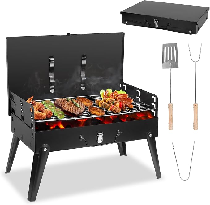 Portable Charcoal Grill, 16.7x10x17.7in Mini Foldable BBQ Suitcase Grill with Lid for Outdoor Camping, Picnics, Garden Grilling Cooking