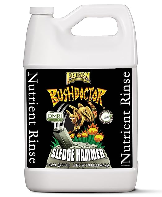 FoxFarm Bush Doctor Sledgehammer Nutrient Rinse – OMRI Listed Organic Liquid Fertilizer Flush for Soil & Hydroponic Systems, Removes Fertilizer Buildup & Relieves Nutrient Lockout, 1 Gallon