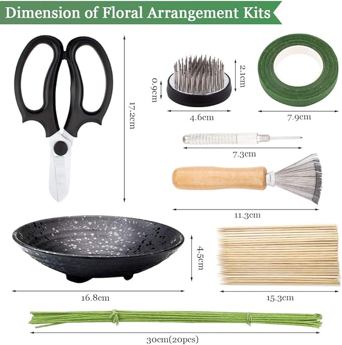 WANDIC Flower Arrangement Kit, Set of 51, Round Flower Holders, Ceramic Flower Pot, Kenzan Needle Cleaning Pin & Rake, Floral Stems and Floral Tape for Flower Arranging Art