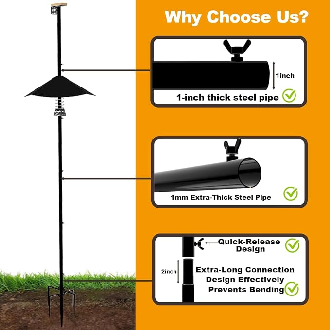 Smart Bird Feeder Pole with Metal Squirrel Baffle,92Inches Bird House Poles for Outdoors,1-Inch Dia Heavy-Duty Pole for Bird Feeder,Squirrel Proof Baffle with Stainless Steel Spring for Defense.