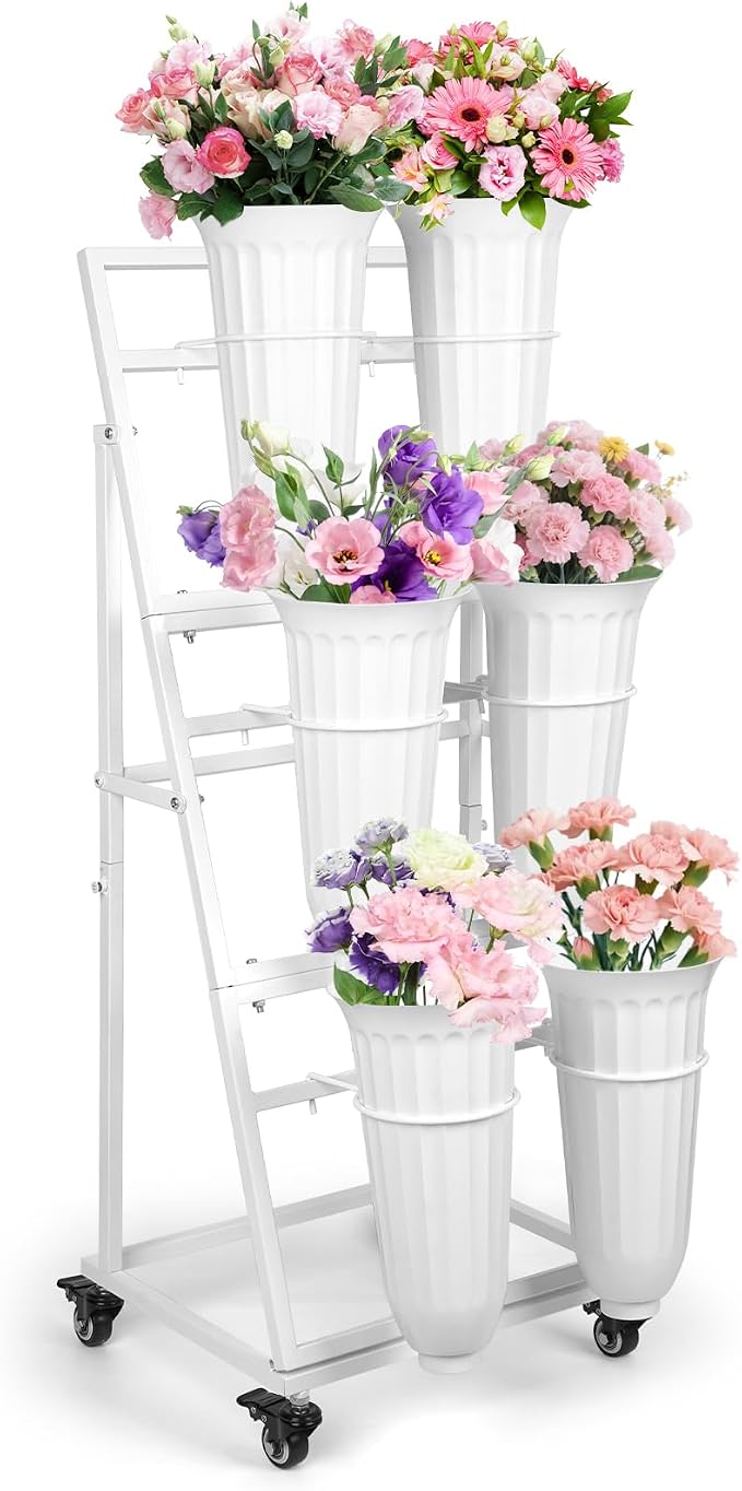 3FT Flower Display Stand with 6 Buckets,Metal Flower Bar Stand with Wheels,3 Layers Moving Florist Bouquet Shelf for Indoor Outdoor Garden,Flower Shop,Wedding,Party Decor (WHITE)