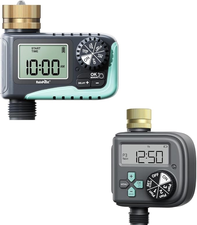 RAINPOINT Sprinkler Timer with Brass Swivel, Water Timer for Garden Hose, Programmable Hose Timer with Rain Delay/Manual Watering, Digital Irrigation Timer System for Lawns