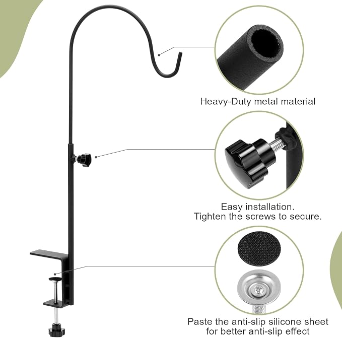 4 Pcs 16 Inch Deck Hook for Bird Feeder Deck Railing Plant Hanger with 3 Inch Strengthened Clamp Adjustable Outdoor Plant Holder for Hanging Bird Feeder Flower Pot Birdhouse