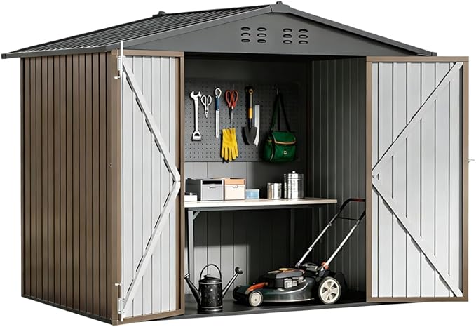 COMHOMA Shed Storage Outdoor Metal Windowed Lockable Weatherproof Ventilated Backyard Garden Utility Workshop(Brown,8'*6')