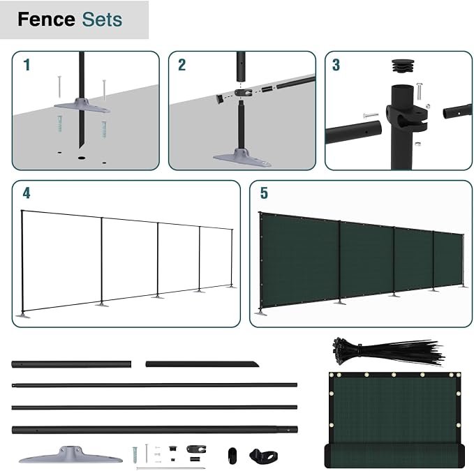 ECOOPTS 5'Hx64'L Privacy Fence Set with Poles and Rails Ground Spikes Fence Kit for Patio Garden Pool Yard (Green)