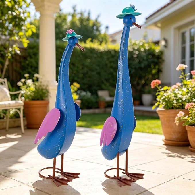22" Duck Garden Statue Set of 2 Metal Ducks | Outdoor Decor Porch Animal Figurine Yard Art Sculptures Rustproof Lawn Ornament for Outside Patio Backyard Decorations