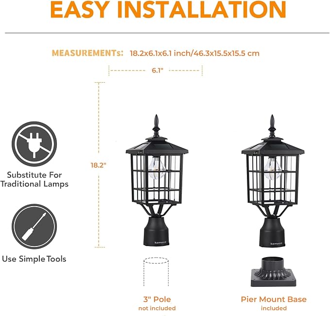 Outdoor Solar Post Lights with Pier Mount Base, ST4224Q 2 Pack Black Cast Aluminum Squared Waterproof Exterior Post Lamp Warm White LED for Yard Garden Pillar Pole Pathway
