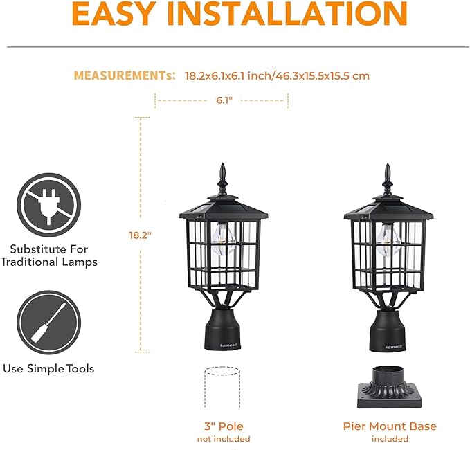 ST4224Q-A Solar Post Light Outdoor, Landscape Led Squared Frame Fixture with 3" Pier Mount Base for Garden Street Post Pole Yard Driveway Entryways (Black)