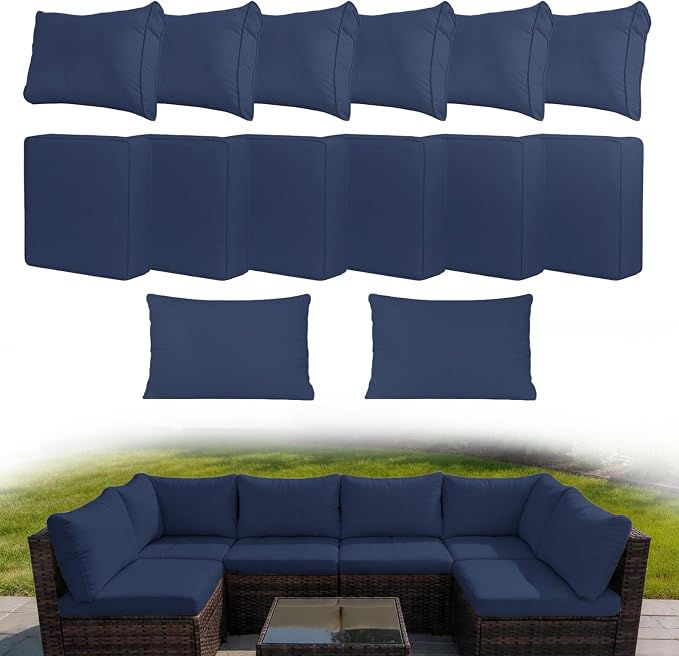 14 Piece Outdoor Cushion Covers Replacement, Waterproof Patio Couch Cushion Covers, Outdoor Furniture Sofa Covers with Zippers, Cover Only (14Pcs-Blue, 24 * 24 * 3.15-inch)