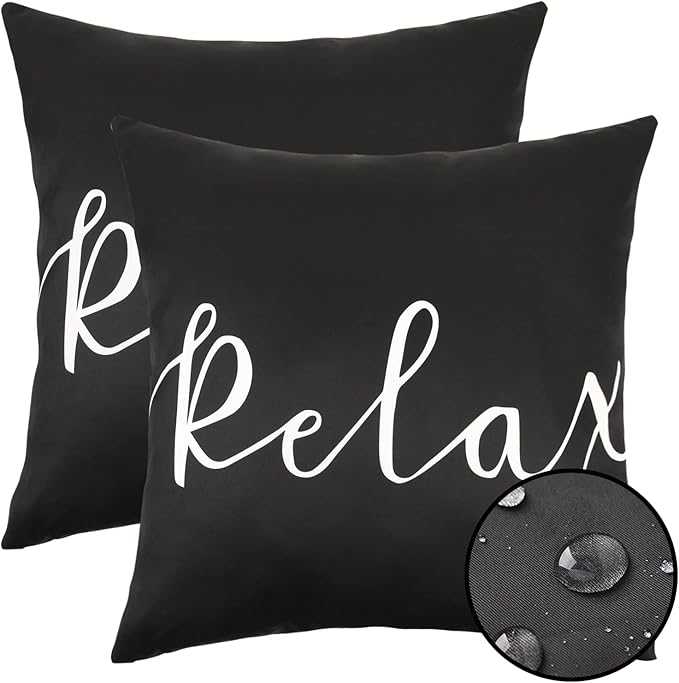 Merrycolor Set of 2 Black and White Outdoor Waterproof Pillow Covers 18x18 Relax Throw Pillow Covers Decorative Outdoor Pillows for Patio Furniture