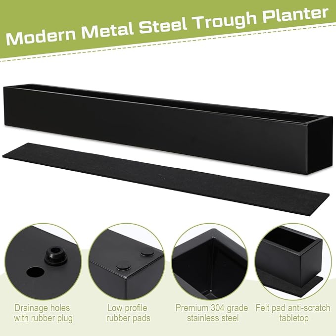 FillTouch 2 Pcs Long Rectangular Planter Box Window Sill Plant Box Metal Water Trough Indoor Large Modern Steel with Drainage Holes Herb Garden Home (32 x 3.5 x 3.5 Inch,Black)