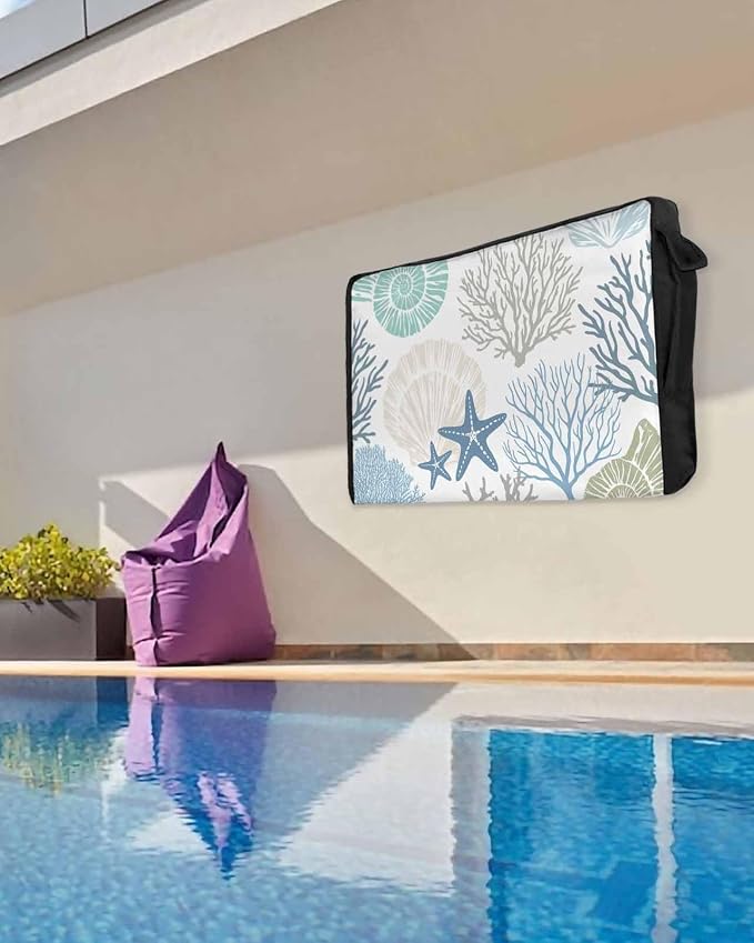 Coastal Outdoor TV Cover 30 to 32 Inches Weatherproof & Waterproof, Summer Beach Blue Teal Coral Outdoor TV Enclosure with Remote Control Pocket, Nautical Starfish TV Screen Protectors for Outside TV
