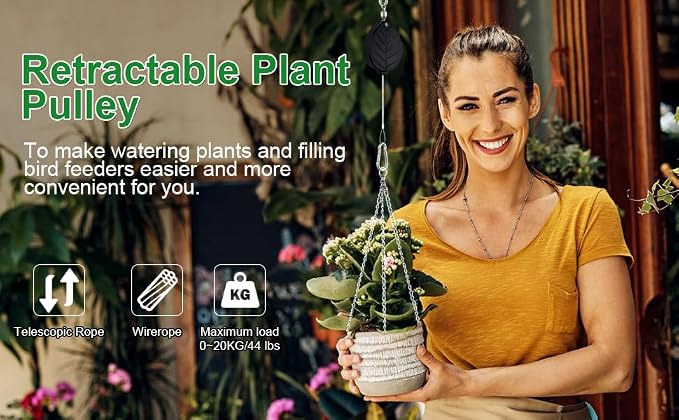Heavy Duty Retractable Plant Hangers, Adjustable Pull-Down Pulleys with 63" Stainless Steel Rope, Double Hooks for Hanging Plants, Bird Feeders, Planters & Pots, Indoor & Outdoor Use (3Pcs- Black)