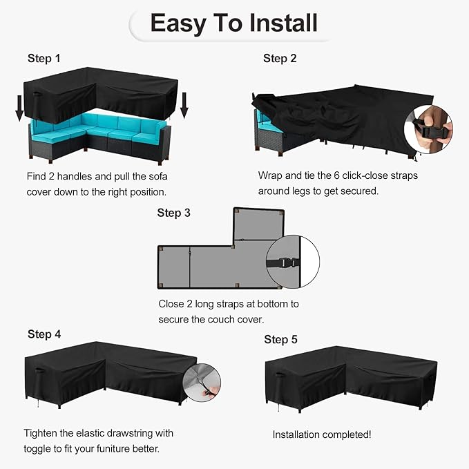 PureFit Outdoor Sectional Sofa Cover Waterproof L Shaped Patio Furniture Covers for Deck, Lawn and Backyard, 83”x104” Left Facing, Black