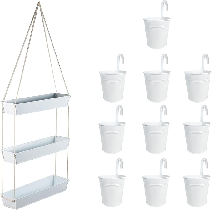 LaLaGreen Bundle - 3 Tier, 16 Inch Wall Hanging Planter + 10 Pack, 6 Inch White Metal Flower Pots for Deck Railing Fence,Succulent Rectangle Long Large Vertical Hanging Planter, Shower Plant Decor