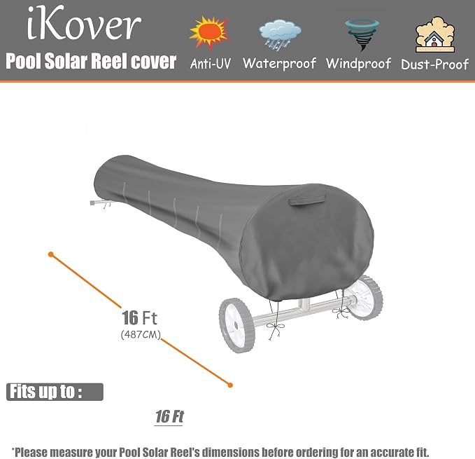 16FT Pool Solar Reel Cover, 600D Oxford, 9-Strap Windproof UV Storage Cover | Protects pool solar reel from UV, rain & dust; reduces outdoor wear; easy one-person setup with adjustable strap system