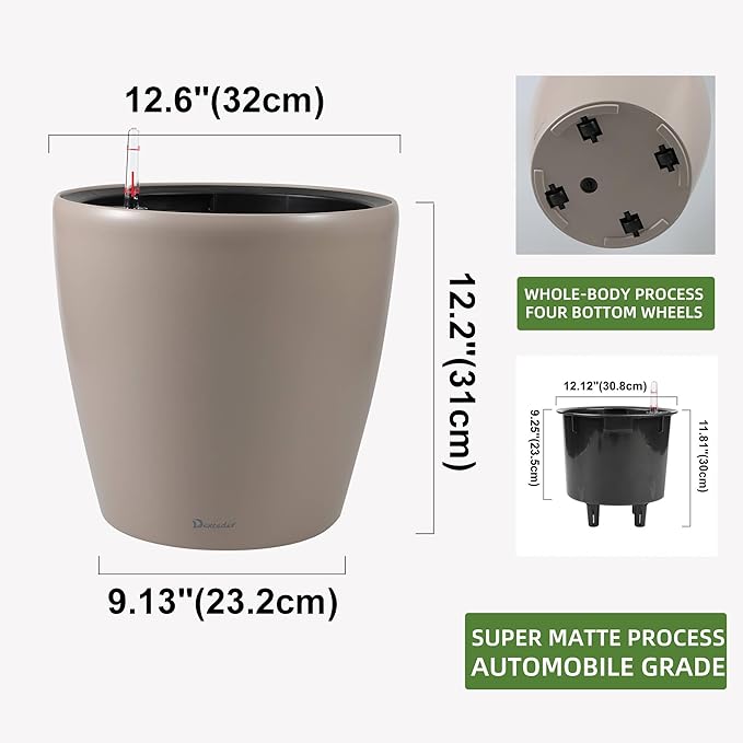 Dexceder 13x12 Self Watering Planter with Wheels (Taupe Matte) | Inner Pot Design, Thickened Large Floor Standing Flower Plant Pot with Water Level Indicator Indoor Outdoor